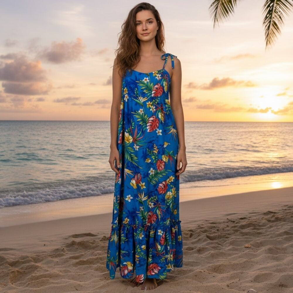 Hilo Hatties Vintage Hawaiian Maxi Dress Tie Straps Blue Monstera Print Medium
